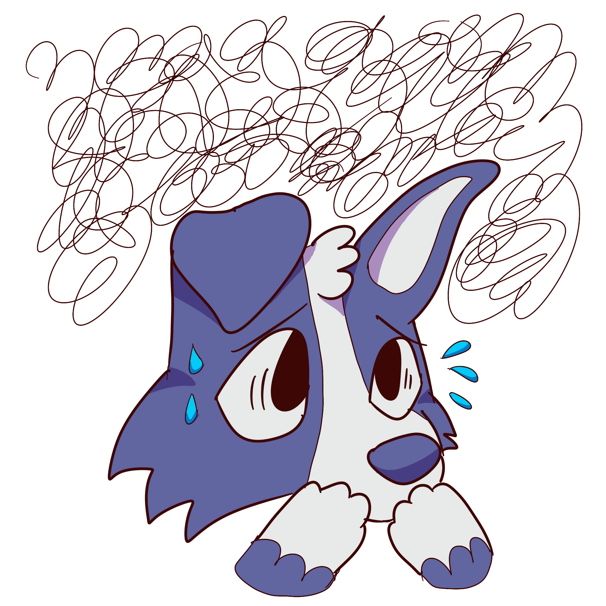 a blue dog holding paws over its mouth and sweating. it looks nervous and is surrounded by scribbles.